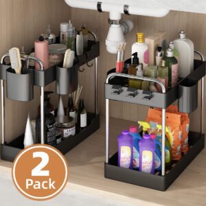Johamoo Under Sink Organizer 2 Pack, 2 Tier Bathroom Cabinet Organizer with Hooks and Hanging Cup, Under Cabinet Organizer with Hollow Design, Under